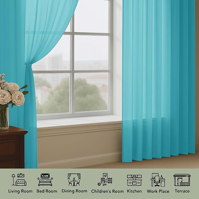 OWENIE Sheer Turquoise Curtains, Sheer Curtains 63 inch Length 2 Panels Set - Image 3