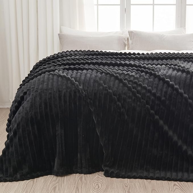 NEWCOSPLAY Super Soft King Blanket Black Premium Silky Flannel Fleece 3D Ribbed by NEWCOSPLAY