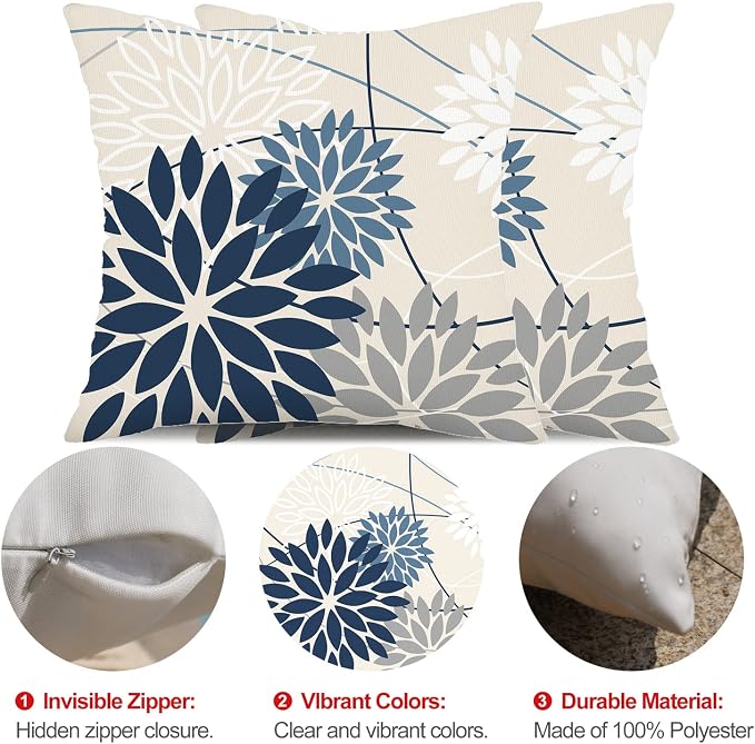 Blue and Gray Floral Pillow Covers 24x24 Set of 2 Outdoor Waterproof White - Image 6