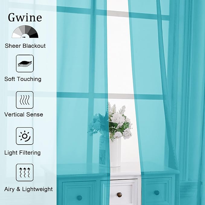 Gwine Turquoise Sheer Curtains 84 Inches Long 2 Panels Set - Image 2