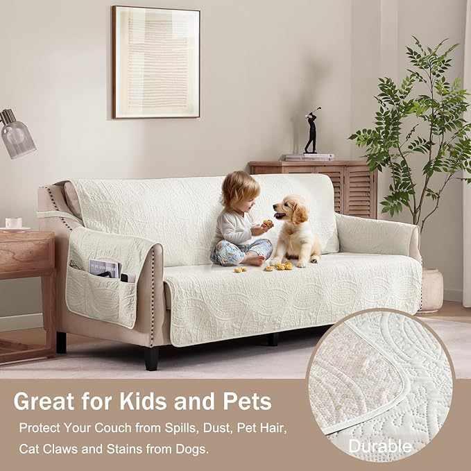 Quilted Sofa Slipcovers with Pockets, Anti-Slip Medallion Designed Couch Covers - Image 8