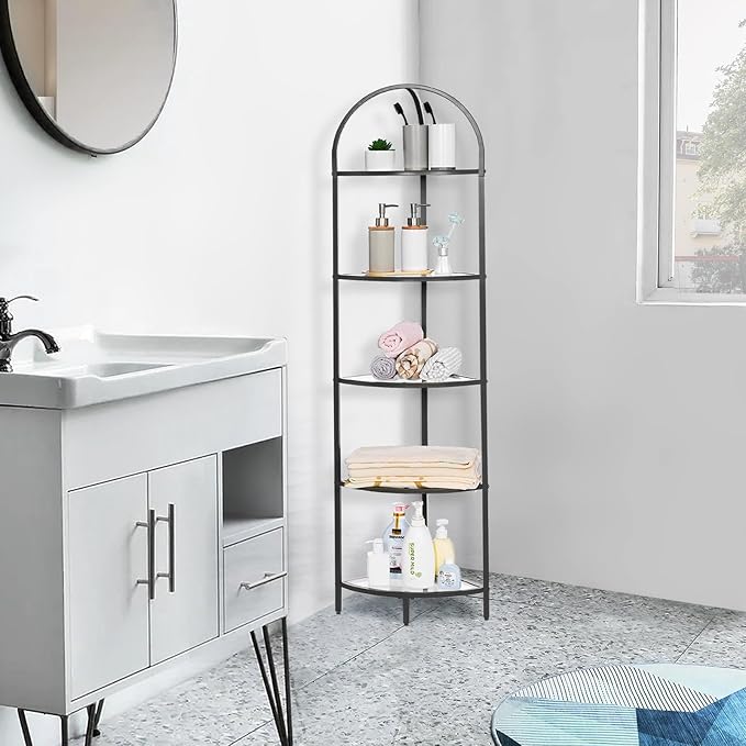 Homhedy 5-Tier Corner Shelf Stand, Metal Corner Bookshelf, Tempered Glass - Image 7
