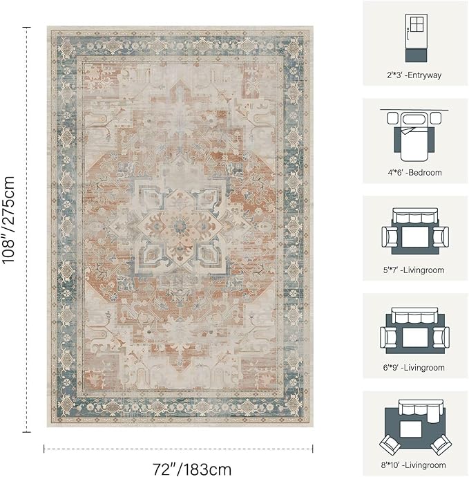 Rugxara 6X9 Orange Boho Rug, Large Washable Area Rugs - Image 2