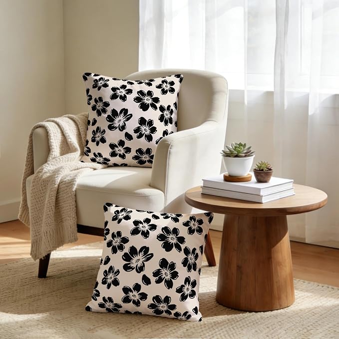 Decorative Black Floral Throw Pillow Covers 18 x 18 Inch Set of 2 - Image 2