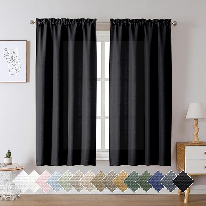 Chyhomenyc Black Curtains 63 Inch Length 2 Panels, Faux Linen Textured Semi - Image 2