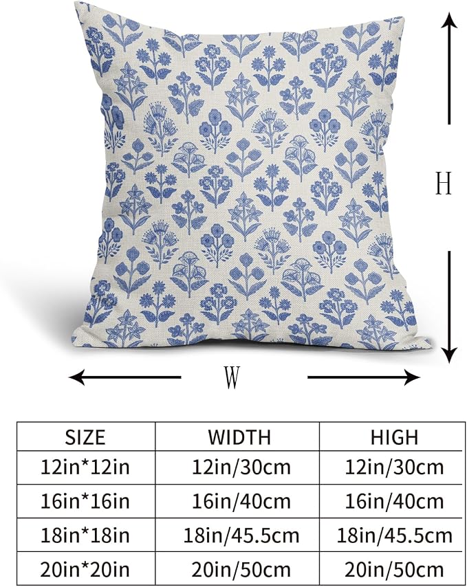 Blue Floral Pillow Covers 22x22 Inch Set of 2, Vintage Flower Block Print - Image 5