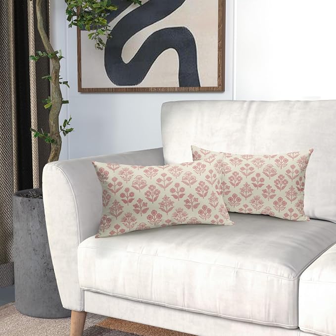 Pink Floral Pillow Covers 12x20 Inch Set of 2, Block Print Lumbar Flower Cream - Image 6