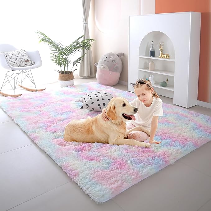 Fluffy Rainbow Rugs for Girls Bedroom Living Room, 6x9 Feet Shag Fuzzy Area Rug by CAIYUECS