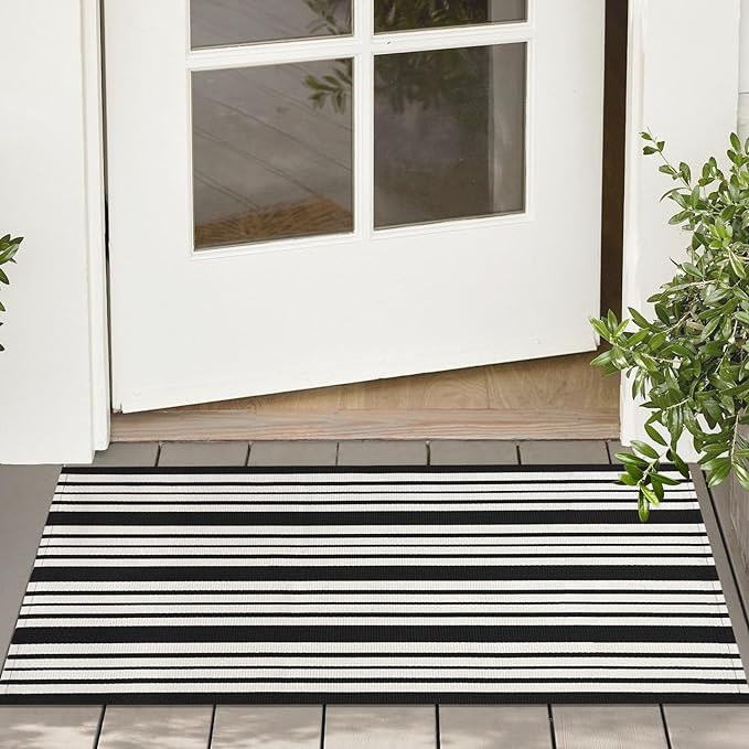 KOZYFLY Black and White Striped Doormat 2x3 Ft Small Area Rug Cotton Front by KOZYFLY
