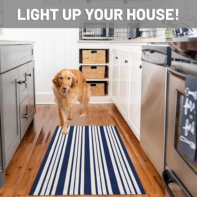 IOHOUZE Navy and White Striped Rug 2.3'x3.6' Front Door Rugs Outdoor, Small - Image 3