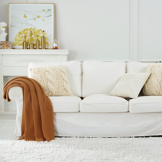 Chunky Cable Knit Throw Blanket Lightweight Burnt Orange 100% Organic Cotton - Image 2