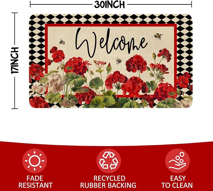 Spring Summer Door Mat, Geranium Bee Red Floral Buffalo Plaid Indoor Outdoor - Image 3
