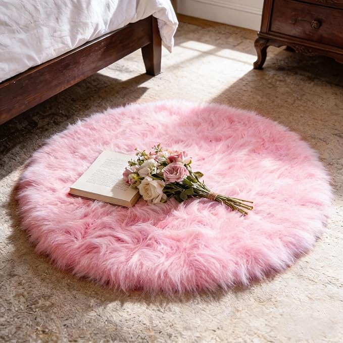 Ultra Soft Faux Fur Rug, Fluffy Shaggy 3ft Round Area Rug by TUOTPE
