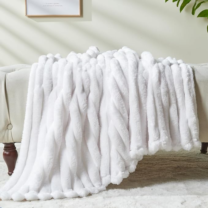 NEWCOSPLAY Super Soft Twin Blanket White Premium Silky Flannel Fleece 3D Ribbed - Image 6