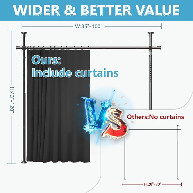 Jilron No-Drill Room Divider Curtain Set: Includes 106" W x 96" L Black Curtain - Image 3