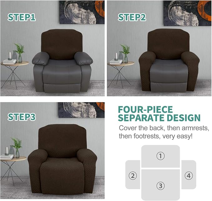 YEMYHOM 4 Pieces Stretch Recliner Slipcover Latest Jacquard Recliner Chair Cover - Image 7