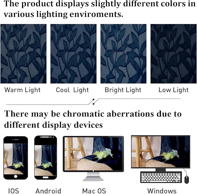 Lecloud Leia Navy Blue Sheer Curtains 90 Inches Long 2 Panels, Airy Leaf - Image 5