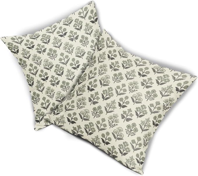 Black Sage Green Floral Block Print Pillow Covers 24x24 Inch Set of 2, Vintage - Image 8