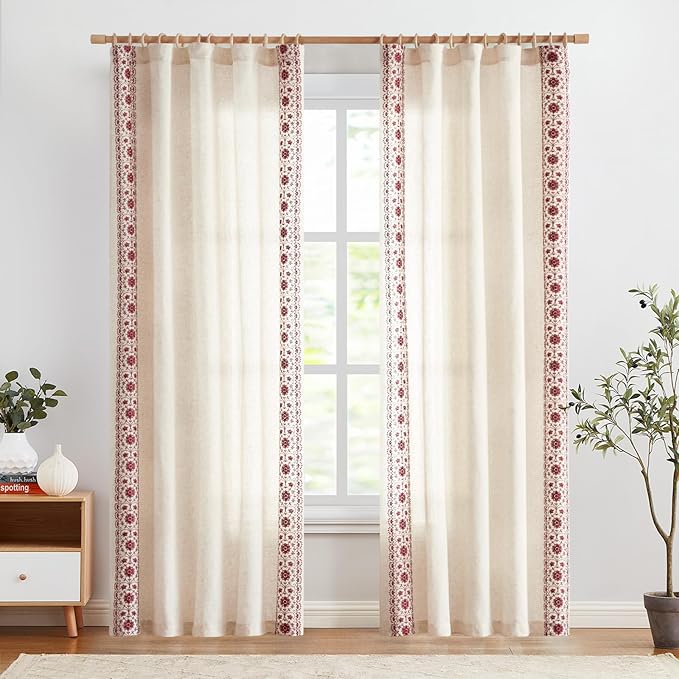 jinchan Boho Curtains for Bedroom Red Vintage Floral Farmhouse Curtains 84 - Image 3