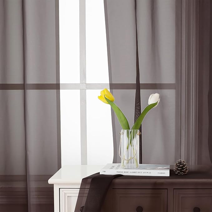 Lecloud Sheer Curtains 45 Inch Length 2 Panels Set, Chocolate Solid Voile Rod - Image 9