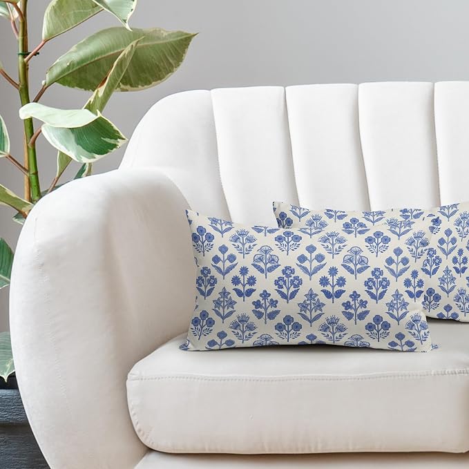Blue Floral Pillow Covers 12x20 Inch Set of 2, Block Print Lumbar Flower Cream - Image 5