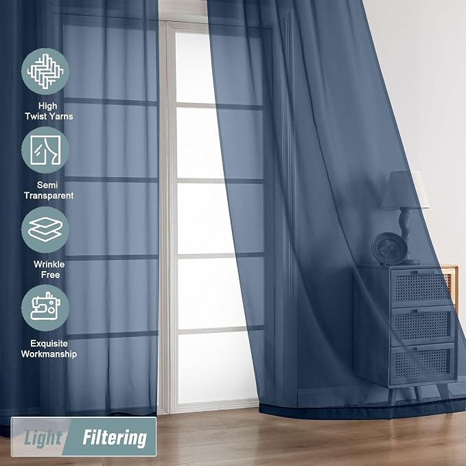 Navy Blue Sheer Curtains 84 Inches Long 2 Panels, Elegant Airy Transparent - Image 5
