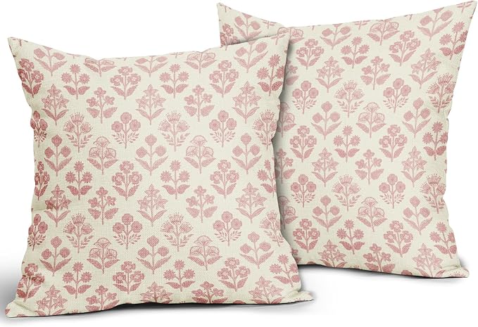 Pink Floral Block Print Pillow Covers 20x20 Inch Set of 2, Vintage Flower - Image 2