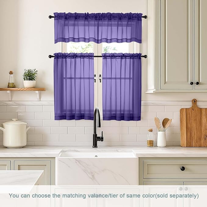 Purple Small Sheer Curtains Tier 24 Inches Length 2 Pieces, Light Filtering - Image 2