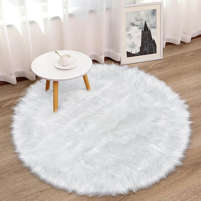 3 ft Fluffy White Round Rug for Bedroom Living Room, Soft Furry White Circle - Image 3