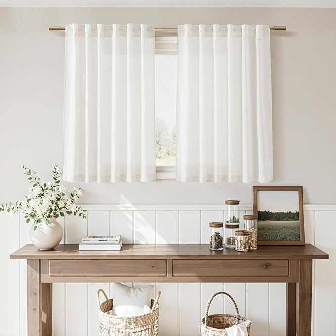 Beige White Linen Curtains for Kitchen Windows Over Sink Neutral 30 Inch Length - Image 8