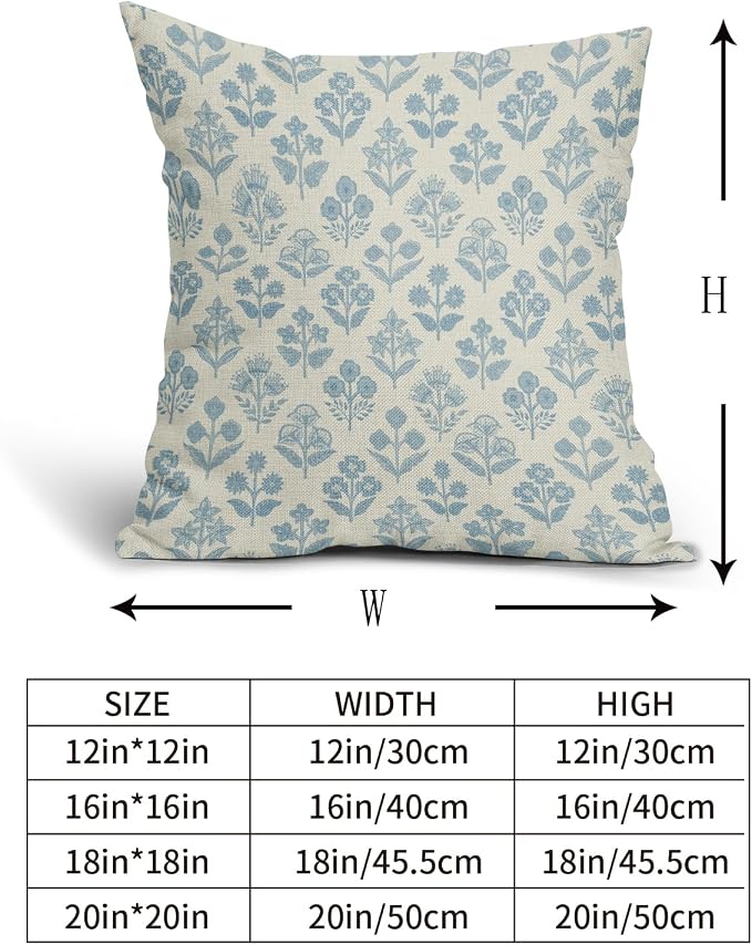 Light Blue Floral Pillow Covers 16x16 Inch Set of 2, Vintage Flower Block Print - Image 5