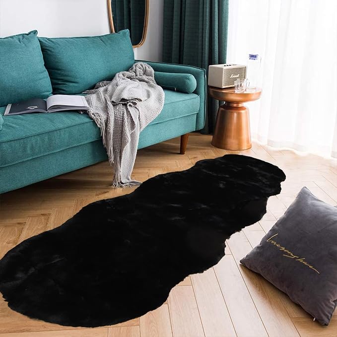 Latepis Black Area Rugs Runners 2x6 Faux Rabbit Fur Fluffy Shag Rug Washable - Image 2