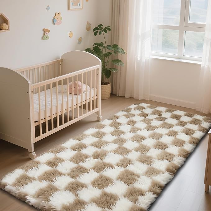 Checkered Rug for Bedroom, 3x7 Beige and White Area Rugs, Classic Checkered - Image 3