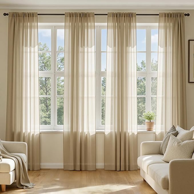 MIULEE Beige Sheer Curtains 96 Inches Long, 4 Panels Set, Rod Pocket Voile by MIULEE