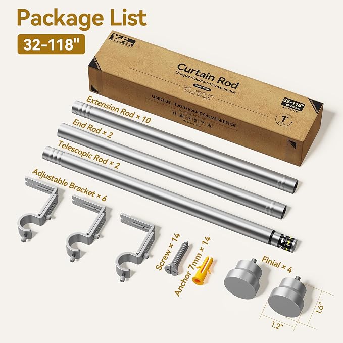 YaFex Curtain Rods 2 Pack 32-118 Inch, Heavy Duty 1 Inch Curtain Rod, Modern - Image 7