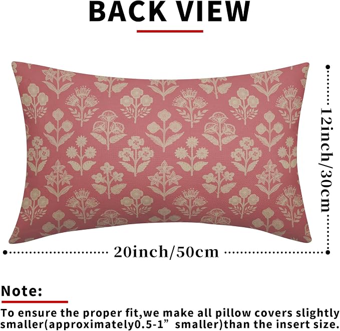 Pink Pillow Covers 12x20 Inch Set of 2, Cream Floral Block Print Pattern Lumbar - Image 3