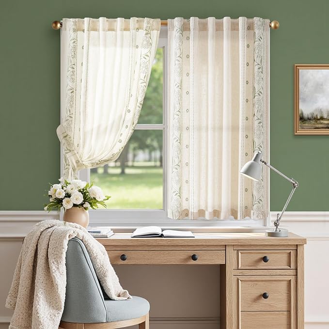 jinchan Winslow Linen Curtains 45 Inch Length Small Window Curtains Embroidered - Image 5