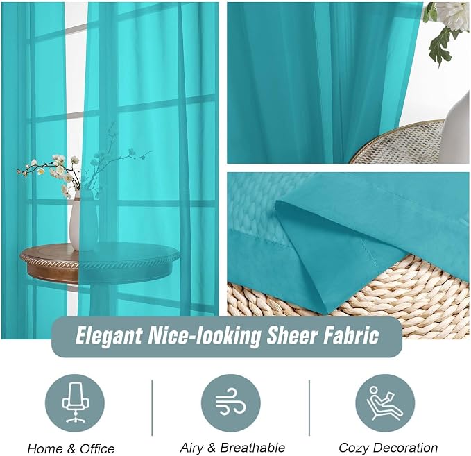 Turquoise Sheer Curtains for Window 72 inches Long 2 Panels Set, Soft Airy - Image 4