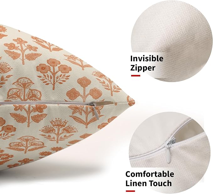 Orange Floral Pillow Covers 12x20 Inch Set of 2, Block Print Lumbar Flower - Image 2