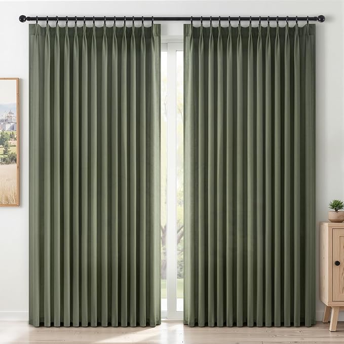 Topfinel 96 Inches Long Pinch Pleated Semi Sheer Curtains, Olive Green Linen by Topfinel