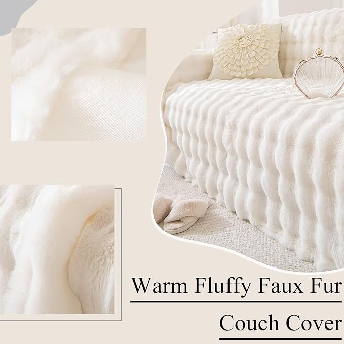 VClife Soft Plush Faux Fur Couch Cover, Warm Fuzzy White Sofa Covers - Image 3