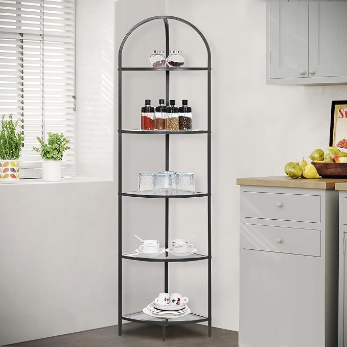 Homhedy 5-Tier Corner Shelf Stand, Metal Corner Bookshelf, Tempered Glass - Image 4