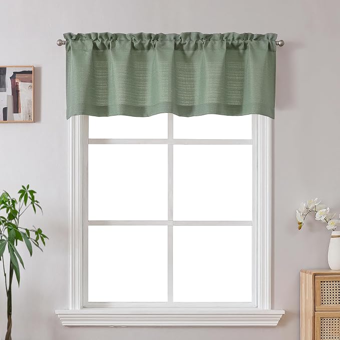 Gwine Sage Green Valance Curtain, Light Filtering Faux Linen Textured Valance by Gwine