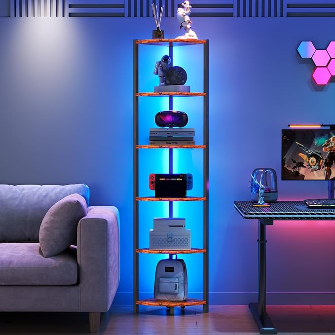 Corner Shelf with LED Lights, 6-Tier Corner Bookshelf, Rustic Brown - Image 6