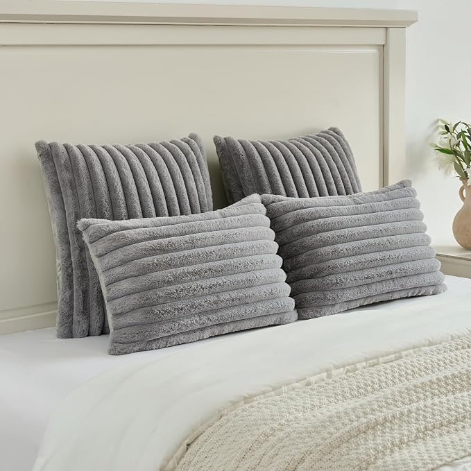 FUTEI Grey Decorative Throw Pillow Covers Set of 2, 18x18 Inch Soft Fluffy Faux - Image 5