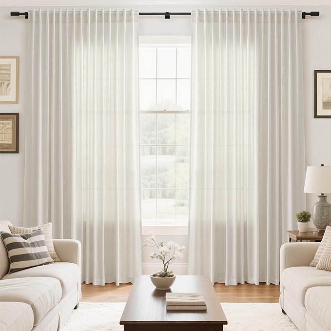 Cream Large Window Curtains Light Filtering Semi Sheer Privacy Linen Textured - Image 7