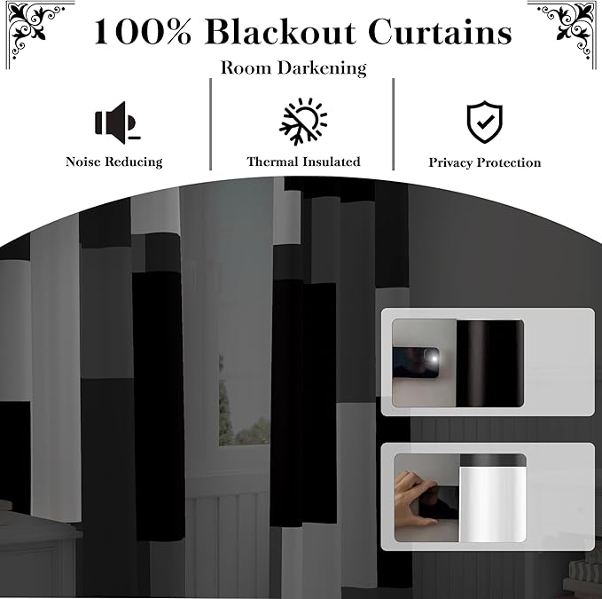 Tyrot Black Grey 100% Blackout Curtains - Image 3