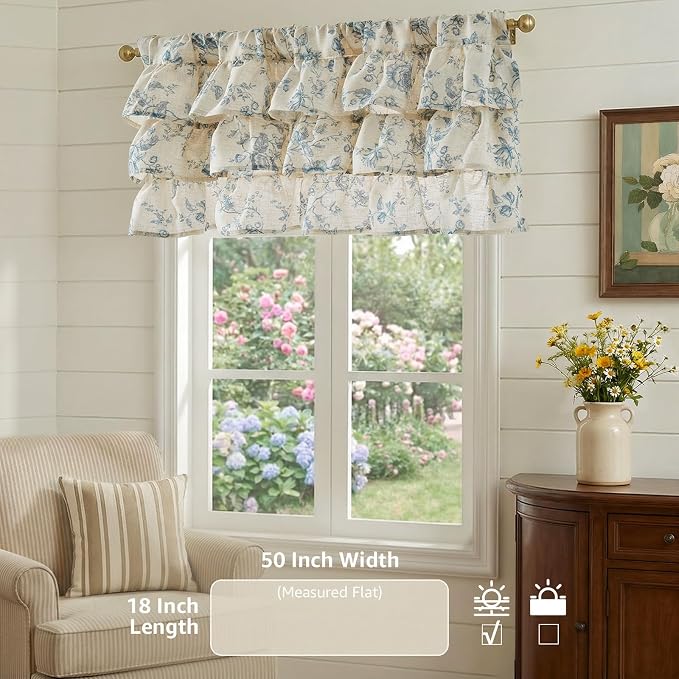 jinchan Amlie Ruffled Floral Valance Curtain Shabby Chic Linen Kitchen Valance - Image 3