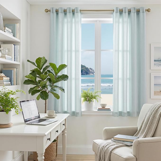jinchan Linen Curtains for Living Room Aqua Blue Vertical Striped on White - Image 4