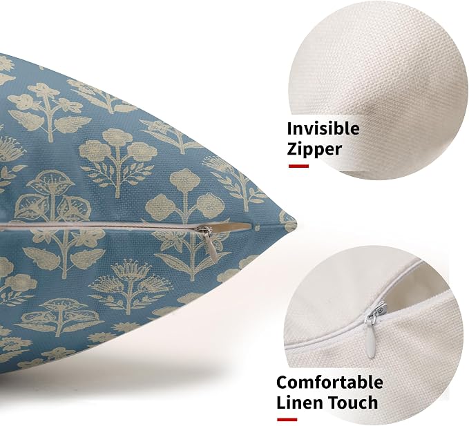 Light Blue Pillow Covers 12x20 Inch Set of 2, Cream Floral Block Print Pattern - Image 2